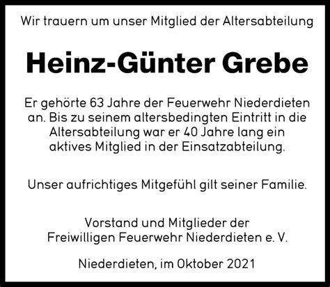 Traueranzeigen von Heinz Günter Grebe vrm trauer de