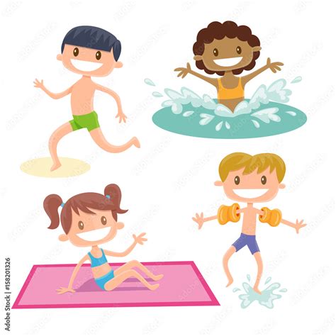 Set of isolated cartoon kids playing at the beach. A dark boy running ...