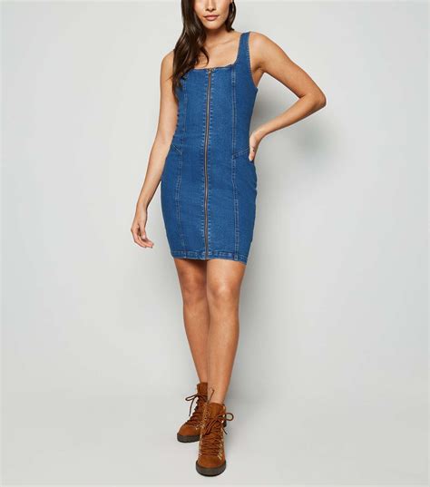 Blue Zip Front Denim Bodycon Dress New Look