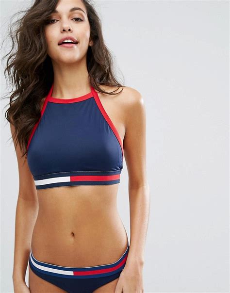 Buy It Now Tommy Hilfiger High Neck Bikini Crop Top Navy Bikini Top