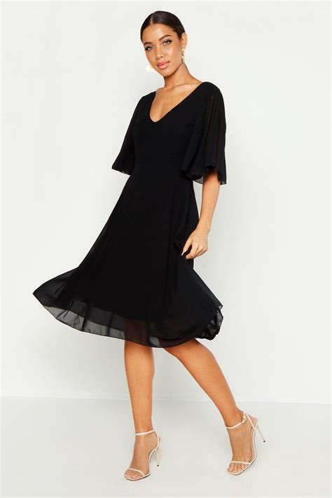 Cape Detail Chiffon Midi Dress Black Midi Dress Women Long Sleeve