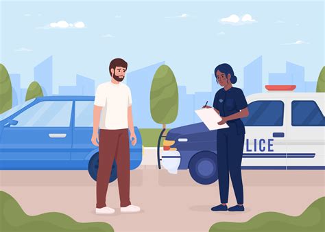 Worried Bearded Man Pulled Over By Police Officer Flat Color Vector