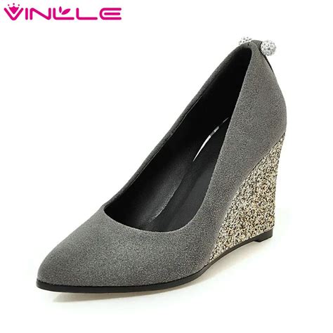 VINLLE 2018 Women Pumps Flock Spring Autumn Night Club Shoes Wedges