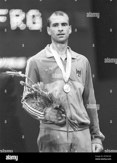 1984 Los Angeles Olympic Games. Fencing: Men's foil final: award ceremony: Matthias Behr (FRG ...