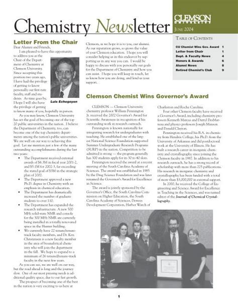 Chemistry Newsletter Clemson University Department Of Chemistry