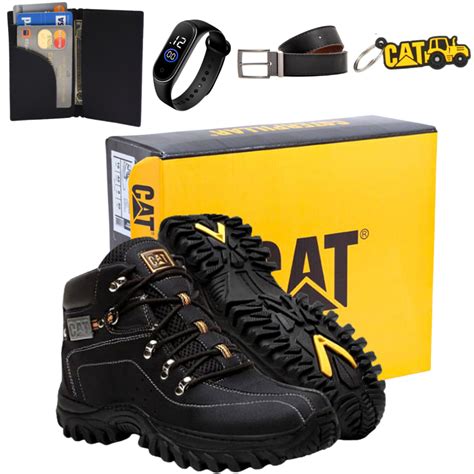 Kit Bota Masculina Em Couro Caterpillar Relogio Cinto Carteira E