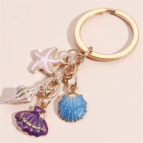 cute keychain colorful starfish shell conch key ring beach key chains