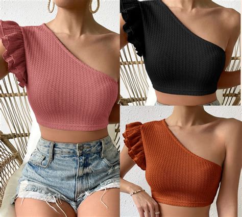 Kily Ph Kily New One Shoulder Ruffle Trim Crop Top Waffle Tops