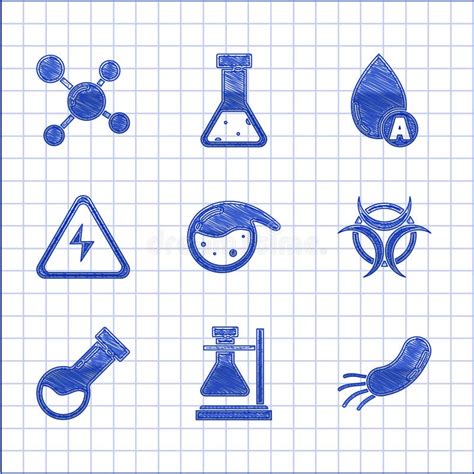 Set Test Tube And Flask Chemical On Stand Bacteria Biohazard Symbol