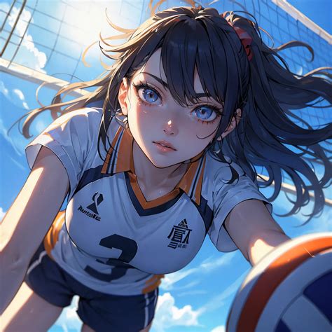 Anime Girl With Long Hair And Blue Eyes Playing Volleyball Seaart Ai