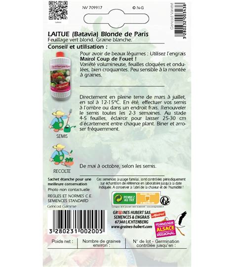 Sachet De Graines A Semer De Laitue Batavia Blonde De Paris