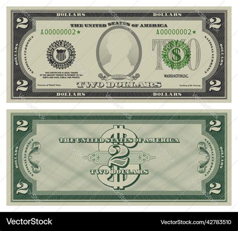 Two Dollars Banknote Gray Obverse And Green Vector Image