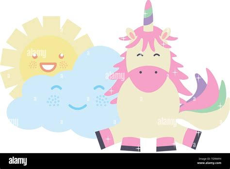 Cute Adorable Unicorn With Clouds And Sun Kawaii Characters Vector