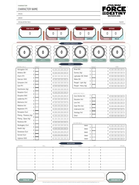 Star Wars Force And Destiny Form Fillable Character Sheet Printable