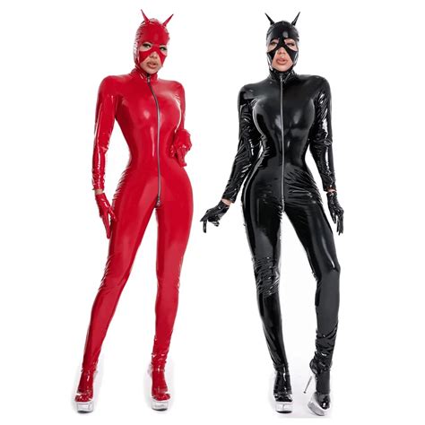 Women Sexy Wetlook Latex Catsuit With Mask Pvc Faux Leather Jumpsuit