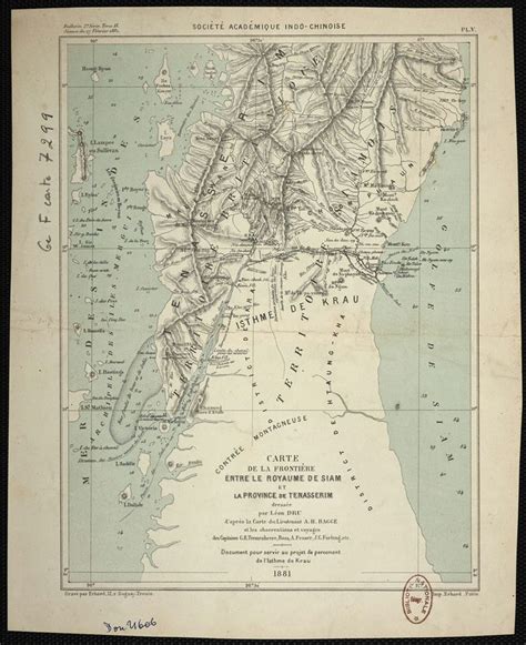 1881 Map of proposed shipping canal through the Isthmus of Kra, the ...