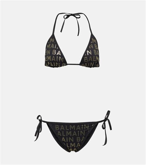 Balmain Glitter Logo Triangle Bikini In Black Gold ModeSens