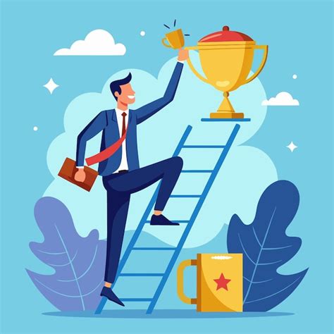 Ambitious Businessman Climbing Success Ladder To Win Gold Trophy