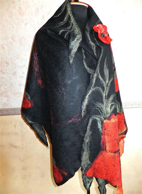 Red Poppy Nuno Felted Scarf Handmade Silk Felt Shawl Red Poppy Etsy