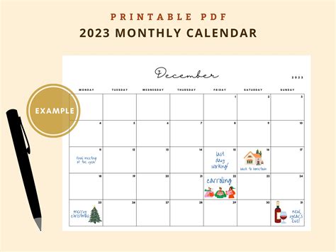 2023 Monthly Calendar, Landscape Calendar Template, Printable Calendar ...