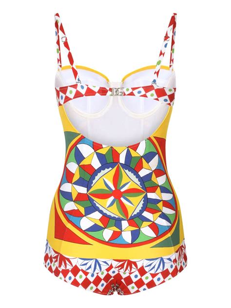 Dolce And Gabbana Carretto Print Balconette One Piece Swimsuit In Multicolour Modesens