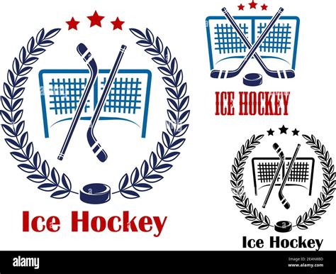 Ice Hockey Sporting Emblems With Hockey Net Laurel Wreath And Crossed