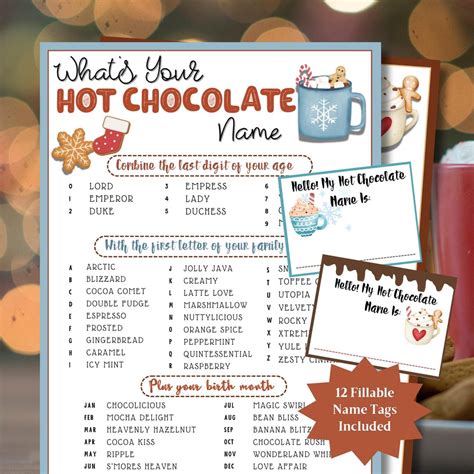 Whats Your Hot Chocolate Name Fillable Name Tags Hot Chocolate Name Winter Party Games Xmas