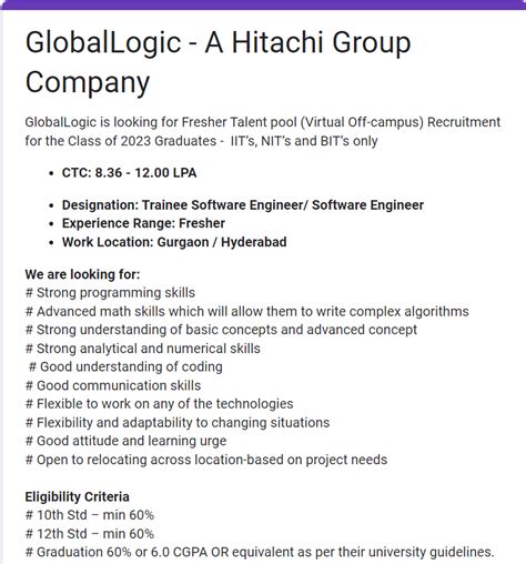 GlobalLogic Mass Hiring 2023 Hiring Software Engineer BE BTech Any