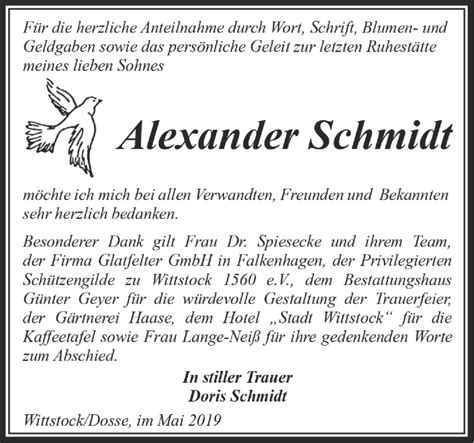 Traueranzeigen Von Alexander Schmidt M Rkische Onlinezeitung Trauerportal