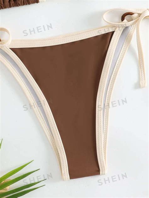 Shein Swim Summer Beach Contrast Binding Halter Triangle Bra And Tie Side