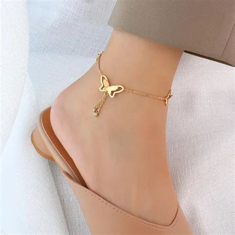 Dropship Titanium Steel Butterfly Tassel Naked Anklet Korean Female Models Sexy Net Red Jewelry