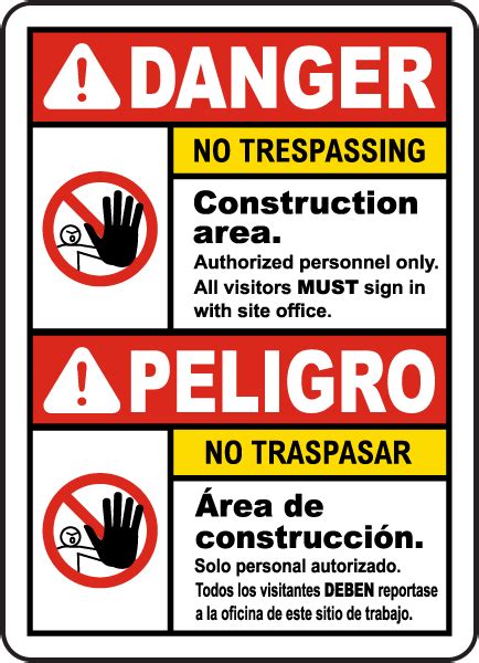 Bilingual Danger Construction Area No Trespassing Sign Save 10