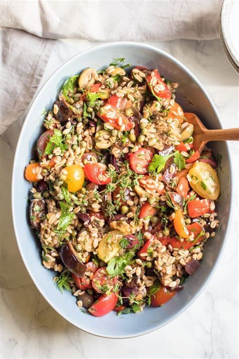 Mediterranean Farro Salad With Roasted Eggplant In A Garlic Vinaigrette Super Healthy Vegan Med