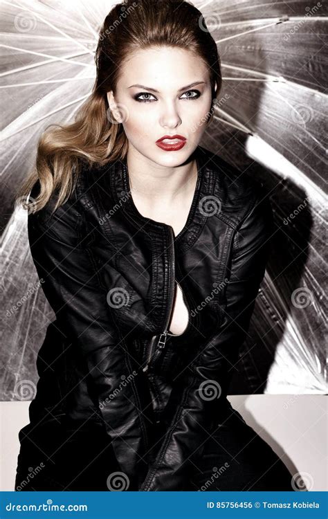 Blonde In Black Leather Suit Stock Photo Image Of Perfect Attractive