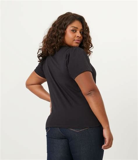 Blusa Em Algod O Manga Bufante Curve Plus Size Preto