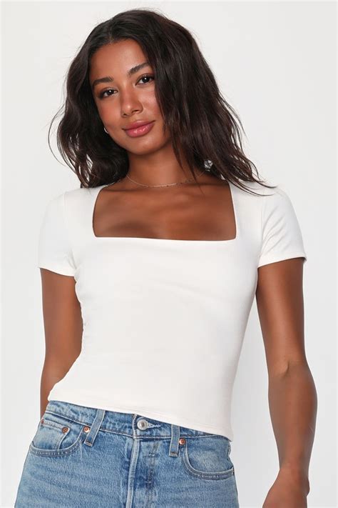 White Knit Top White Square Neck Top Short Sleeve Knit Top Lulus