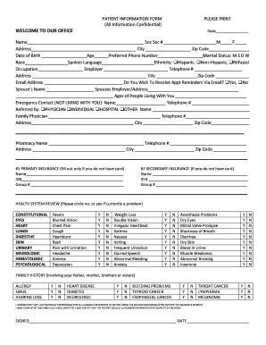 Fillable Online Patient Information Form Please Print All Information