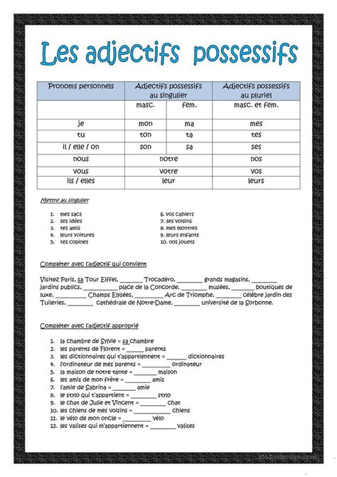 Adjectifs possessifs réponses incluses french French worksheets