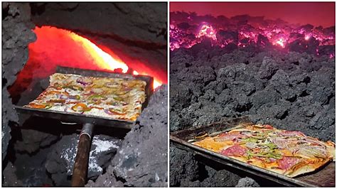 Enterprising Man Bakes A Variety Of Pizzas In The Smoldering Lava Of