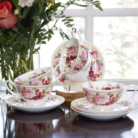 Coastline Imports Peony Strawberry Cream Bone China Tea Cup And Saucer