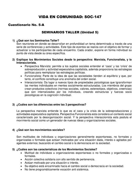 Cuestionario SOC 147 No 5 A VIDA EN COMUNIDAD SOC Cuestionario No