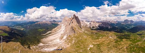 Amazing Aerial Top View On Seceda Mount Peak And Valley From Drone