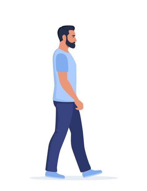 Young man in casual clothes walking forward, side view. Vector ...