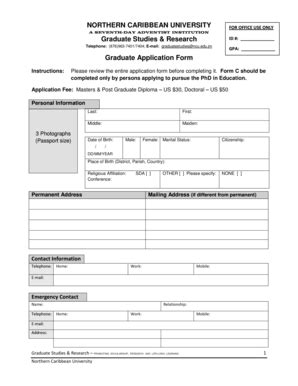 Fillable Online Graduate Application Form Northern Caribbean