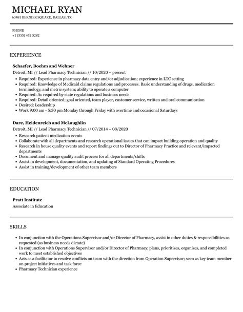 Lead Pharmacy Technician Resume Samples Velvet Jobs