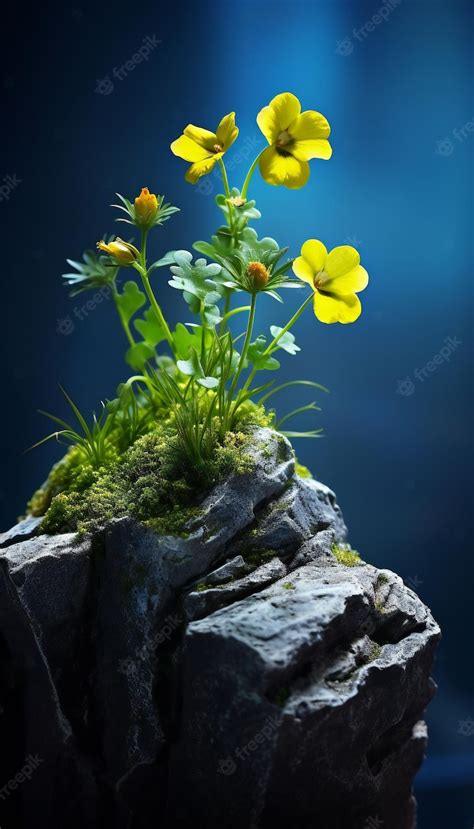 Premium Photo | Yellow flowers on a stone against a dark blue ...