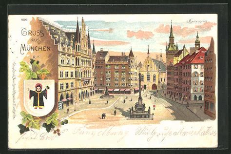 Lithographie München Marienplatz mit Denkmal Wappen eBay