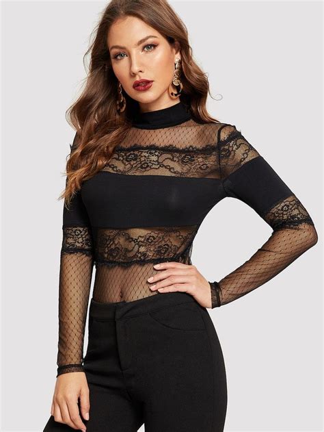 Shein Mock Neck Lace Insert Sheer Mesh Top Sheer Mesh Top Fashion Women