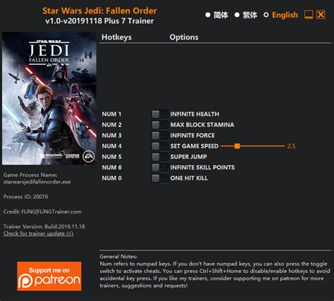 Star Wars Jedi Fallen Order Trainer FLiNG Trainer PC Game Cheats