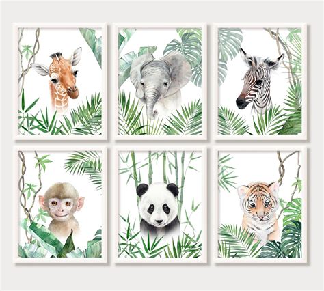 Baby Jungle Nursery Prints Safari Jungle Animals Green Leaves Nursery